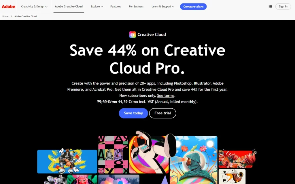 Captura del sitio web de Adobe Creative Cloud