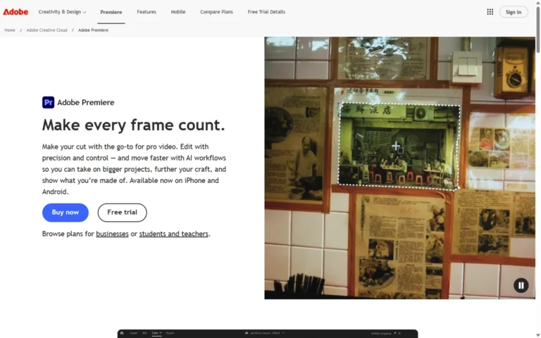 Captura del sitio web de Adobe Premiere Pro