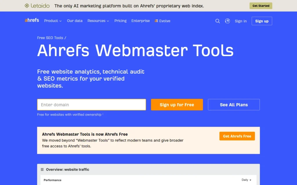 Captura del sitio web de Ahrefs Webmaster Tools