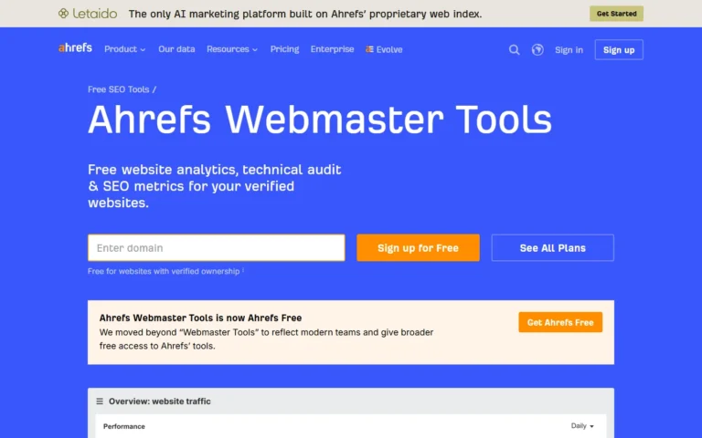 Captura del sitio web de Ahrefs Webmaster Tools