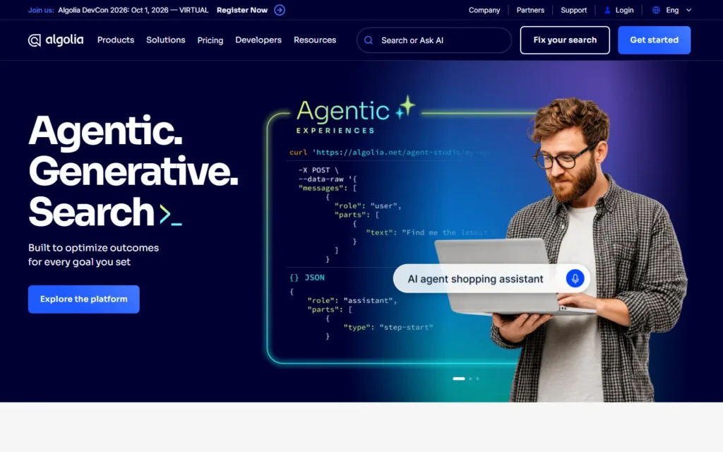 Captura del sitio web de Algolia