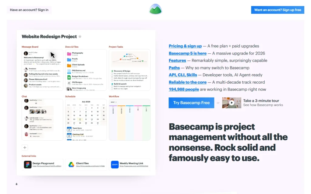 Captura del sitio web de Basecamp