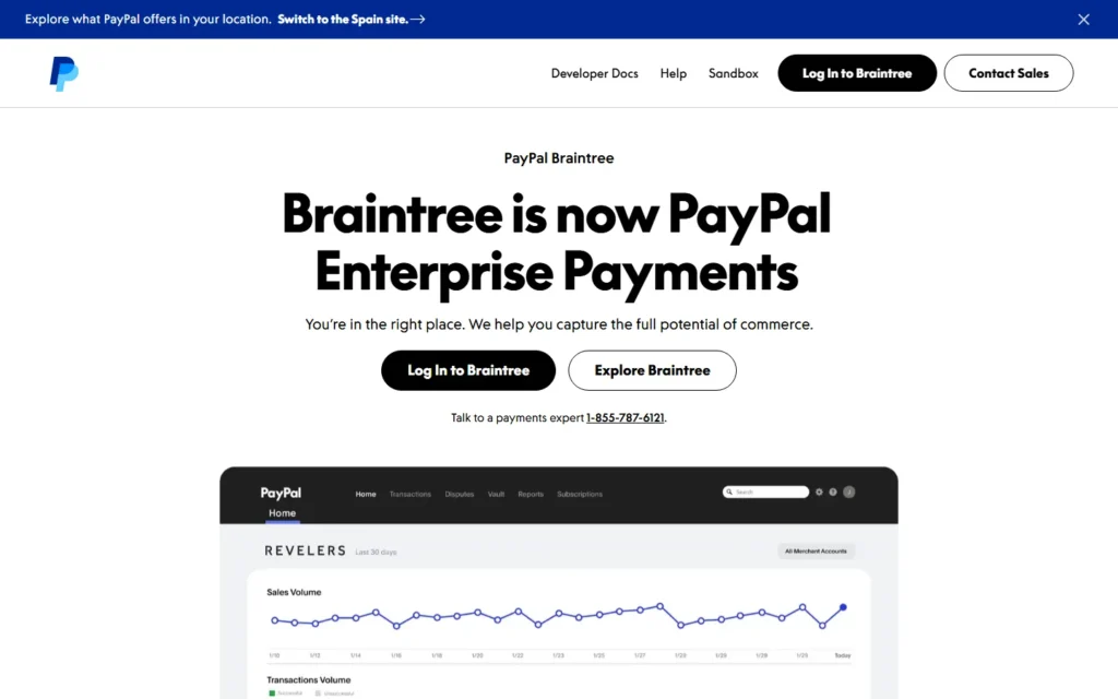 Captura del sitio web de Braintree