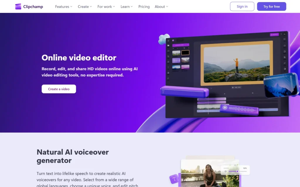 Captura del sitio web de Clipchamp