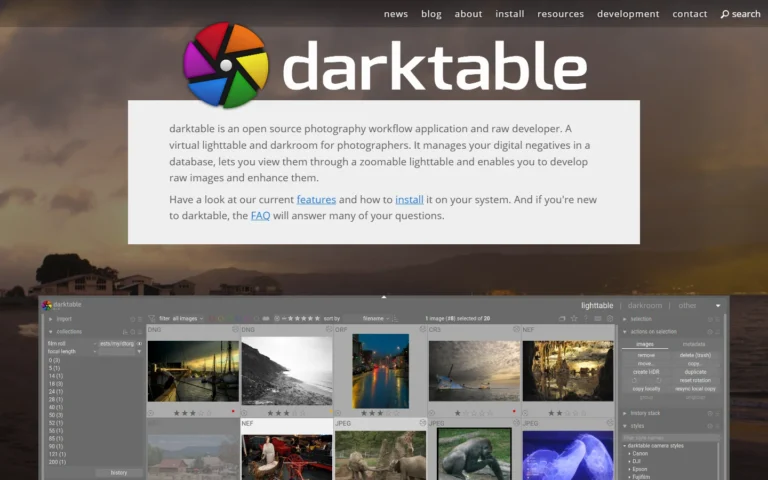 Captura del sitio web de darktable