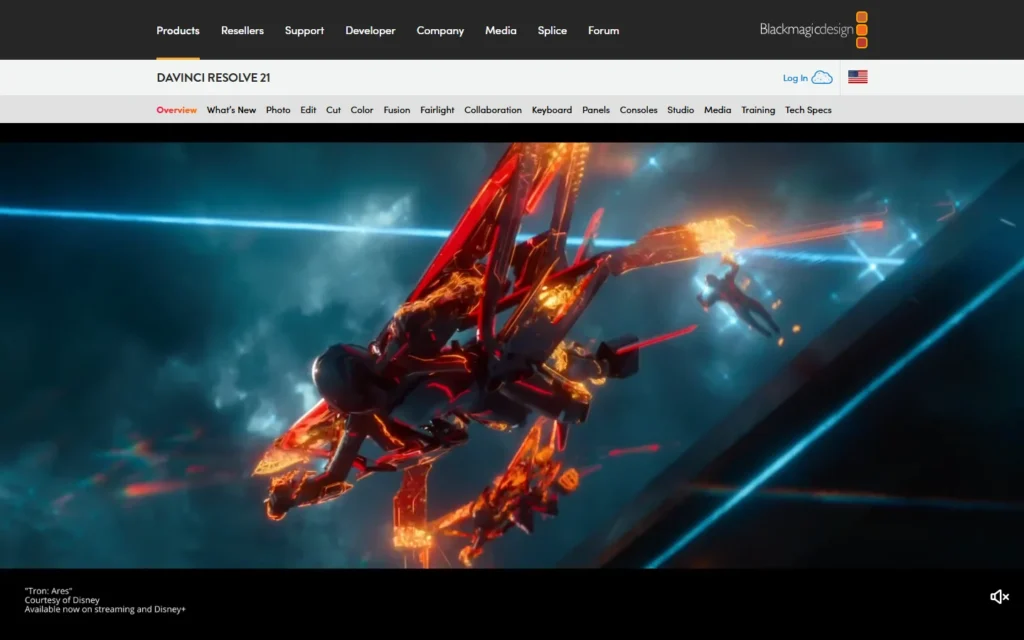 Captura del sitio web de DaVinci Resolve