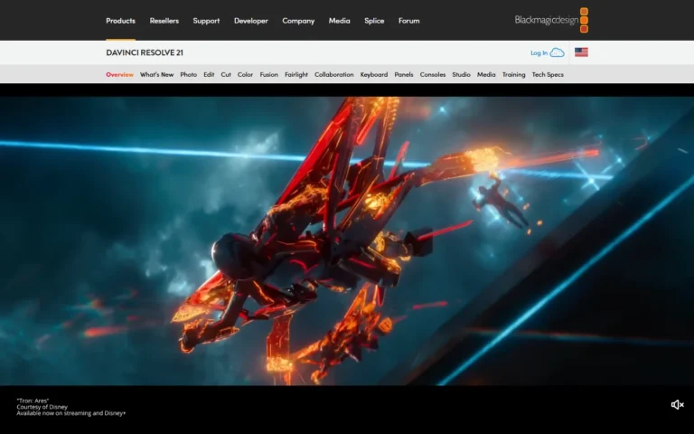 Captura del sitio web de DaVinci Resolve