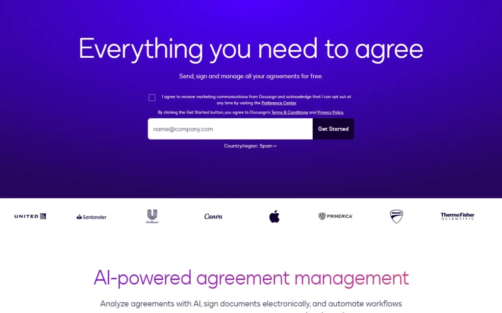 Captura del sitio web de Docusign