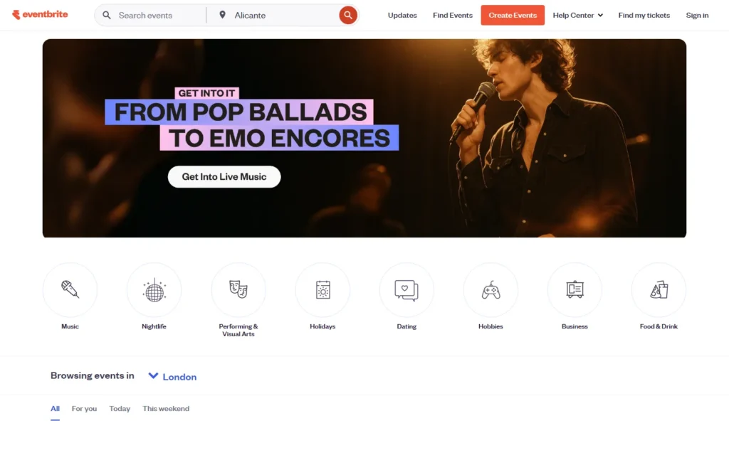 Captura del sitio web de Eventbrite