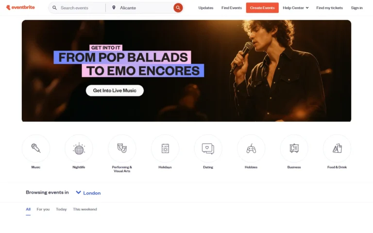 Captura del sitio web de Eventbrite