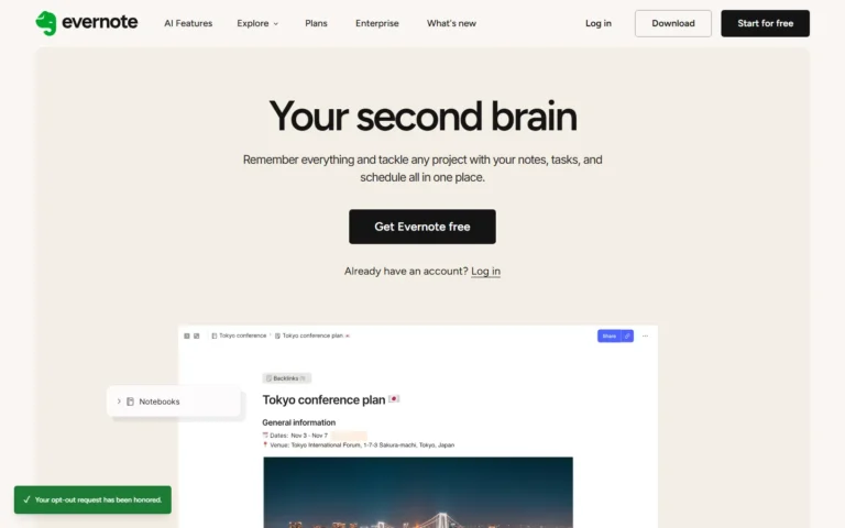 Captura del sitio web de Evernote