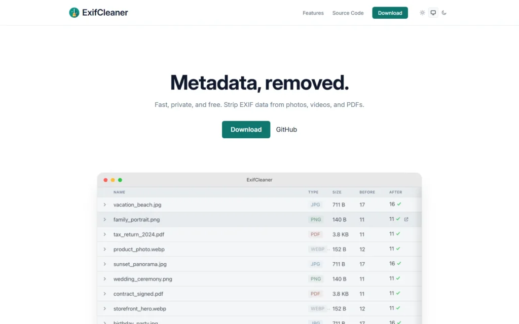 Captura del sitio web de ExifCleaner
