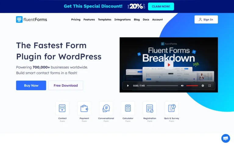 Captura del sitio web de Fluent forms