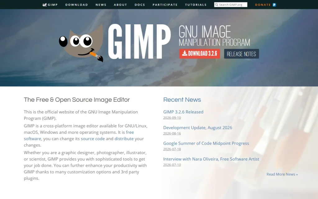 Captura del sitio web de GIMP
