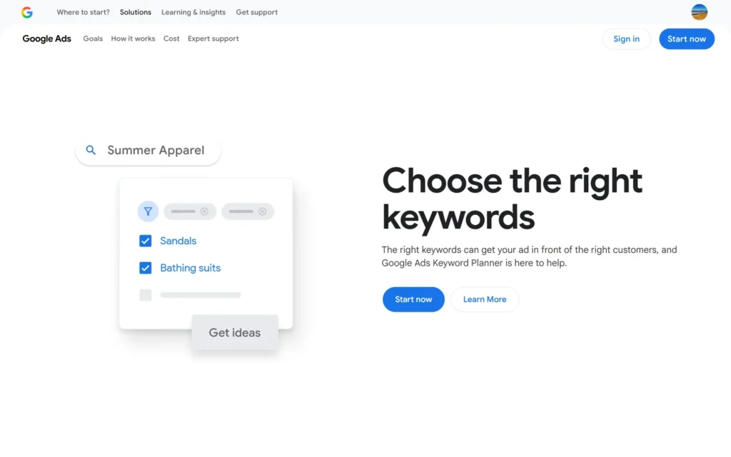 Captura del sitio web de Google Ads Keyword Planner