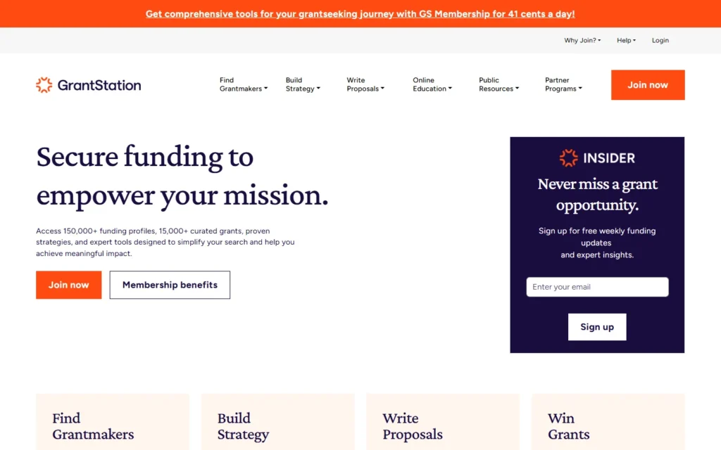 Captura del sitio web de GrantStation