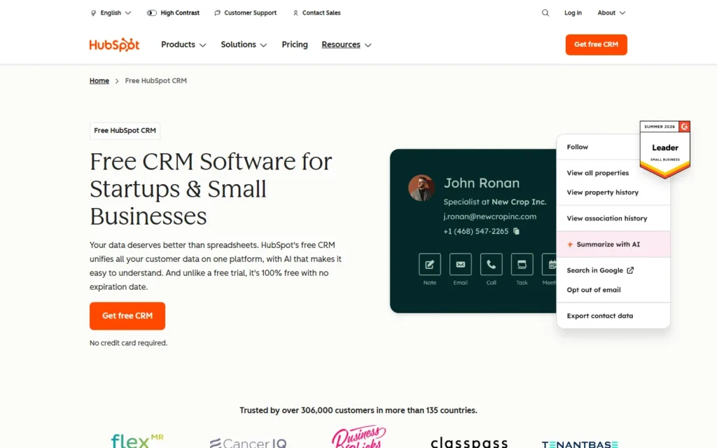 Captura del sitio web de Hubspot