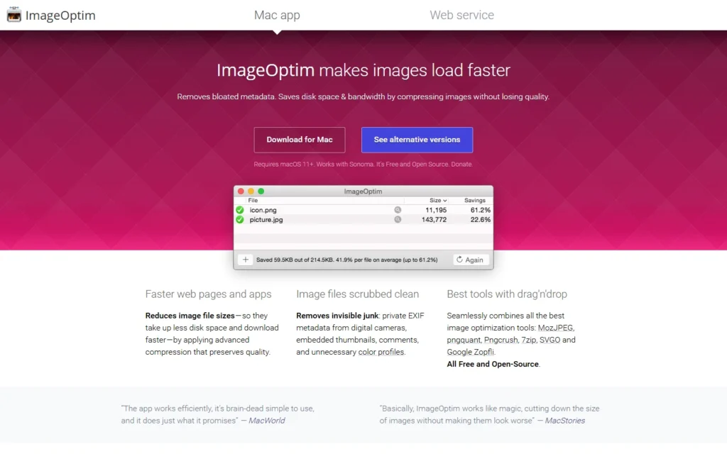 Captura del sitio web de ImageOptim