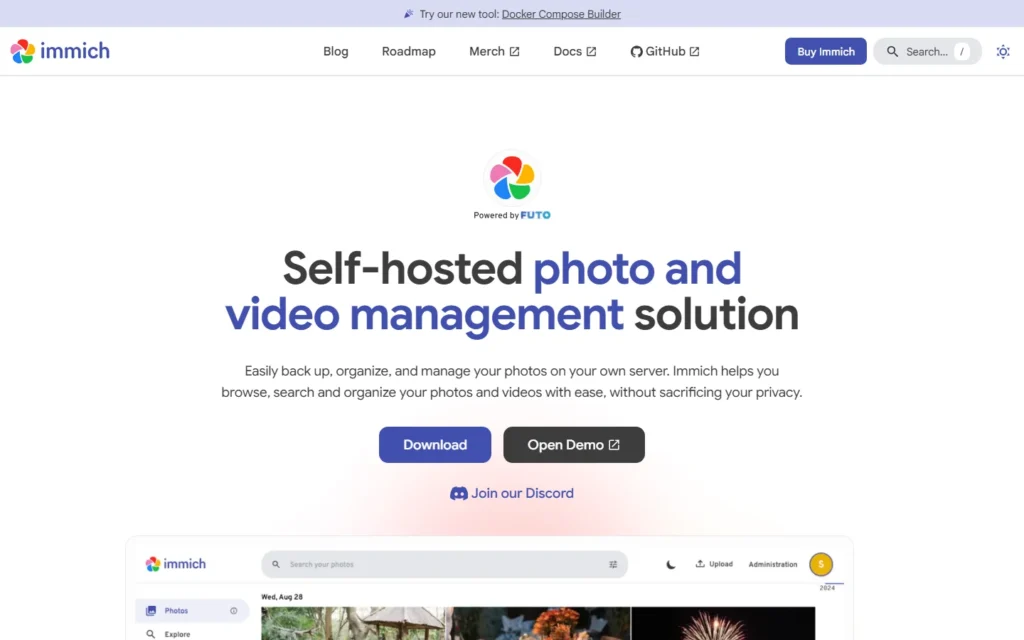 Captura del sitio web de Immich