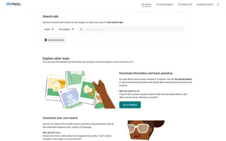 Captura del sitio web de Meta Ads Library