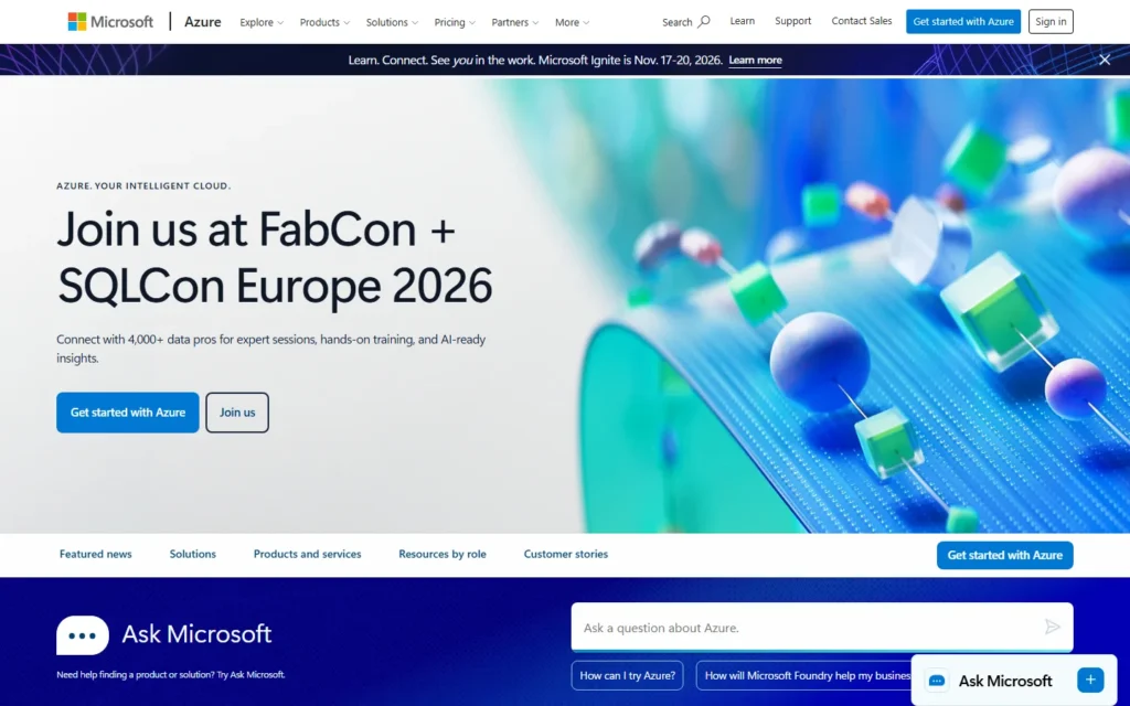 Captura del sitio web de Microsoft Azure