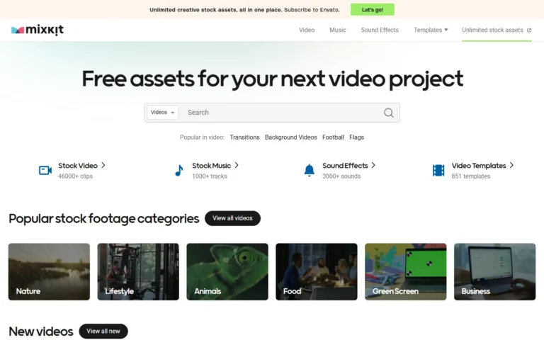 Captura del sitio web de Mixkit