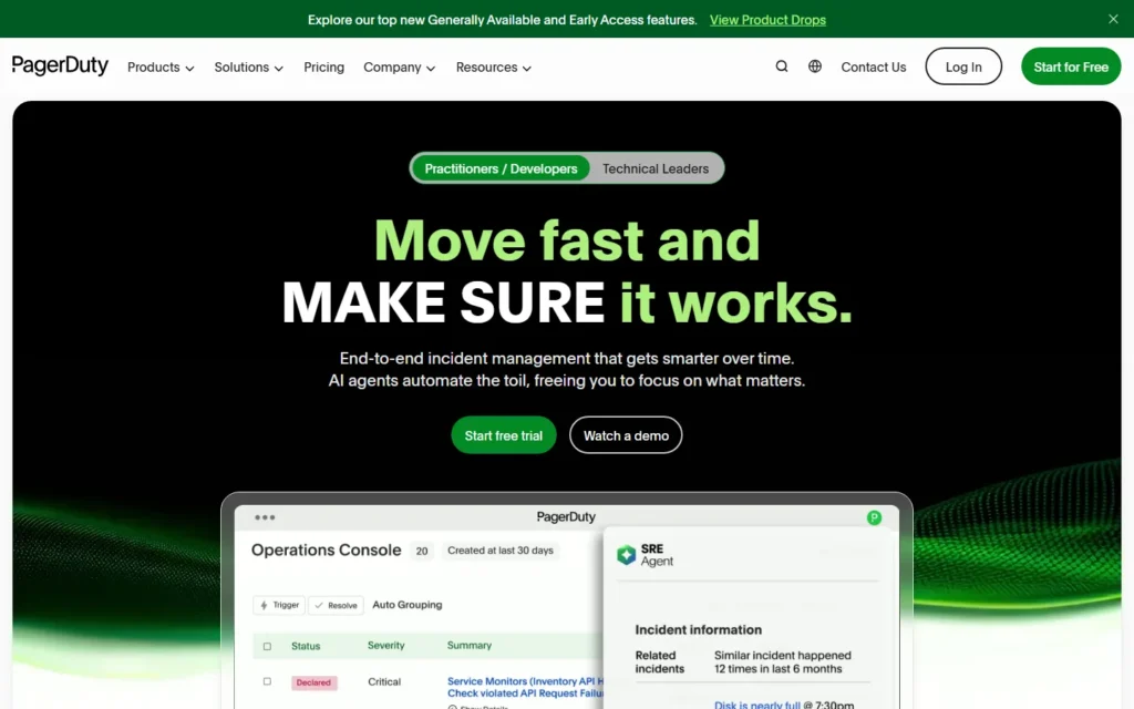 Captura del sitio web de PagerDuty