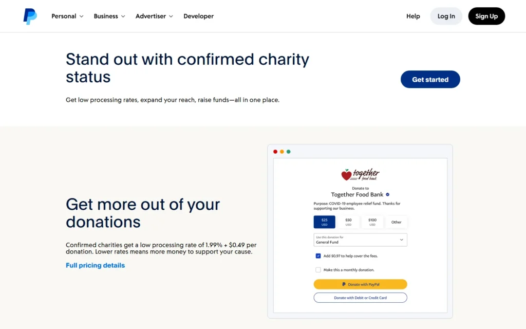 Captura del sitio web de Paypal