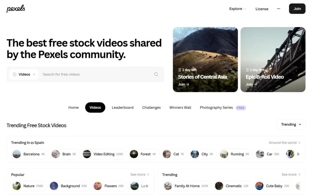 Captura del sitio web de Pexels Videos