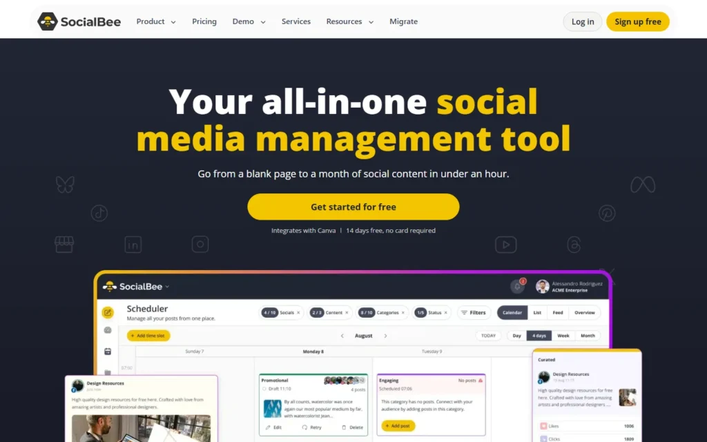 Captura del sitio web de SocialBee
