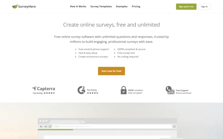 Captura del sitio web de SurveyHero