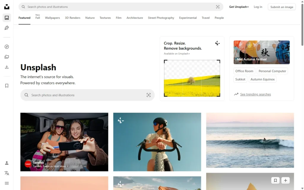 Captura del sitio web de Unsplash