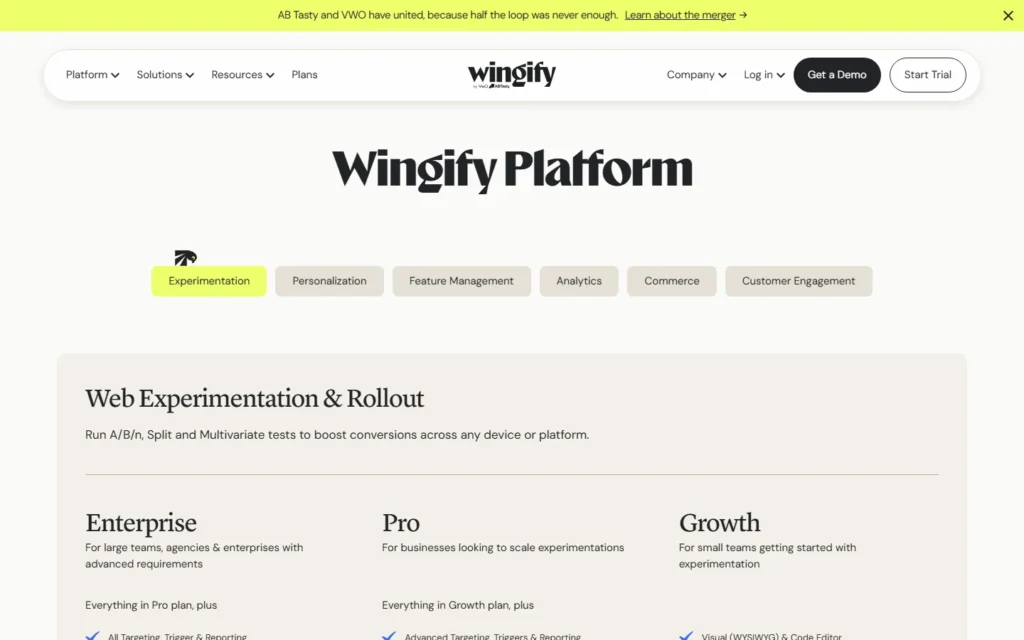 Captura del sitio web de Wingify (antes VWO)