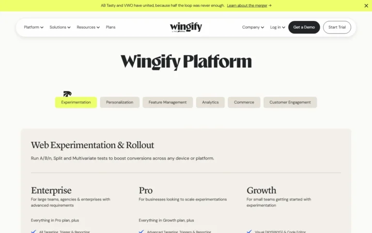 Captura del sitio web de Wingify (antes VWO)