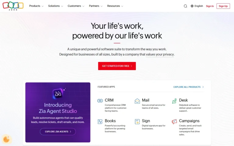 Captura del sitio web de Zoho