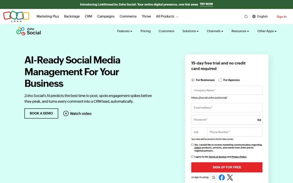 Captura del sitio web de Zoho Social
